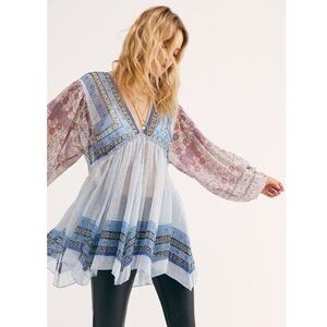 Free People Aliyah‎ Printed Tunic Blue Long Sleeve Small